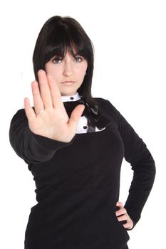 An attractive young woman repels someone. All isolated on white background.