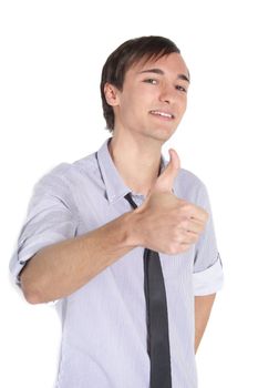 A handsome young man does an optimistic gesture. All isolated on white background.