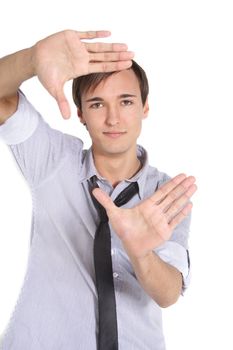 A handsome young man gauging something.  All on white background.