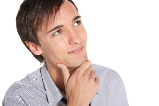 A handsome young man deliberates a decision. All isolated on white background.