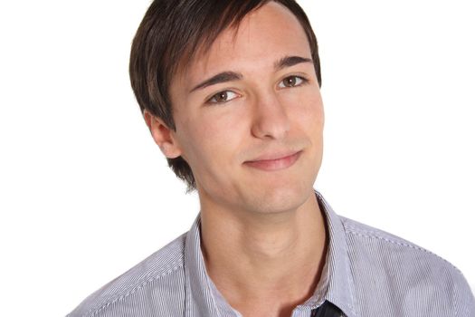 An attractive young man in front of a plain white background.