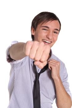 A gutsy young man in front of a plain white background.