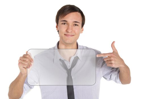 A handsome young man holding an illustrated sign. All isolated on white background.