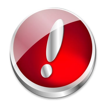 A shiny red vector button showing an exclamation mark in metal optic. All on white background.