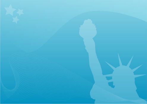 Silhouette of the statue of liberty infront of a light blue background.