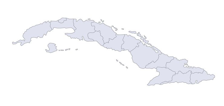 A stylized map of Cuba showing the different provinces.