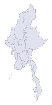 A stylized map of Myanmar showing the different provinces.