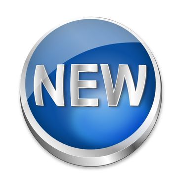 A shiny blue vector button showing the word new in metal optic. All on white background.