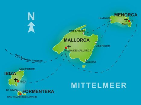 Stylized map of the balearic islands. German captions