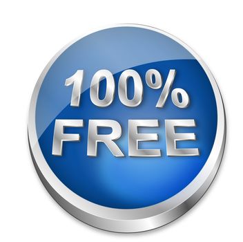 A shiny blue vector button says that something is 100% free. All on white background.