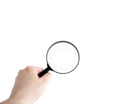 A human hand holding a magnifier to check something. All isolated on white background.