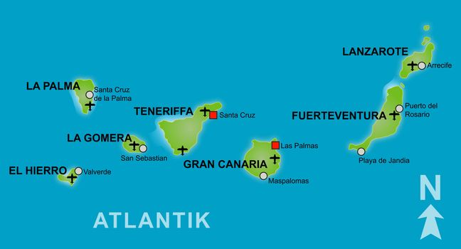 Stylized map of the canary islands. German captions