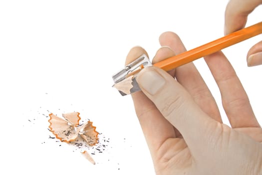 A person sharpens a pencils. All isolated on white background.