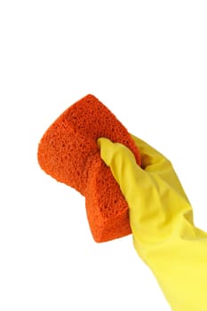 A cleaner holding a sponge. All isolated on white background.