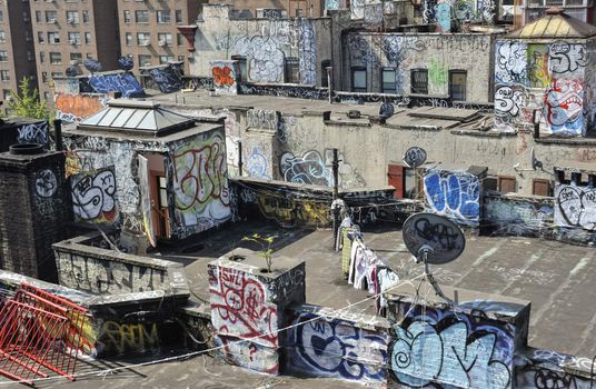 Old terrace in New York covered by urban graffiti