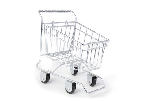 An empty metal shopping cart on wheels isolated on white background.