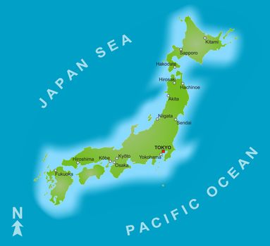 Astylized map of Japan showing different big cities.