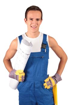 A young construction worker trainee. All isolated on white background.