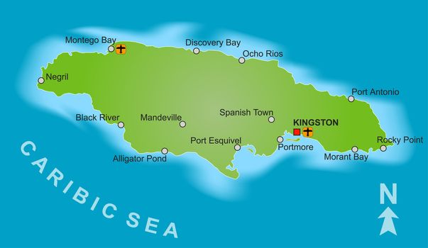 A stylized map of Jamaica showing different big cities.