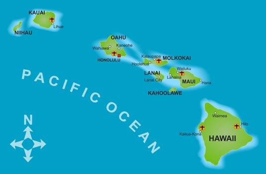 Stylized map of the island of Hawaii and all adjacent islands.