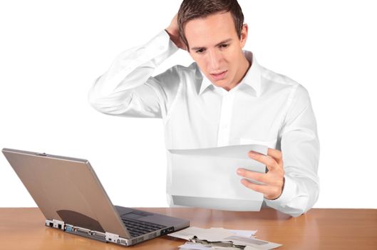 A young employee gets a pay cut. All isolated on white background.