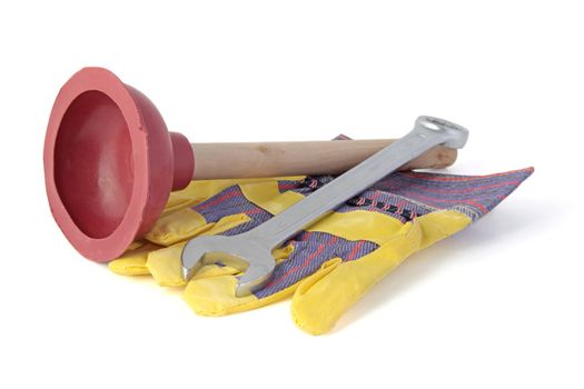 Typical tools used by a plumber. All isolated on white background.