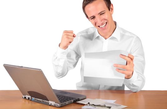 A happy young employee gets a pay raise. All isolated on white background.