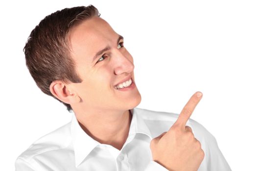 A handsome young man points at something. All isolated on white background.