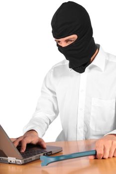 A masked man using a notebook computer. All isolated on white background.