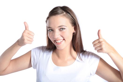 An attractive  young woman making a positive gesture. All isolated on white background.