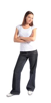 Full length shot of an attractive young woman smiling. All isolated on white background.