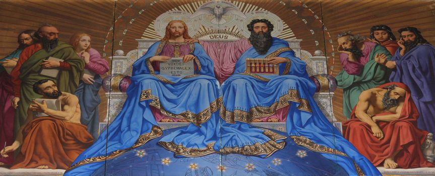 Holy Trinity, painting on the facade, Saint Vincent de Paul church, Paris