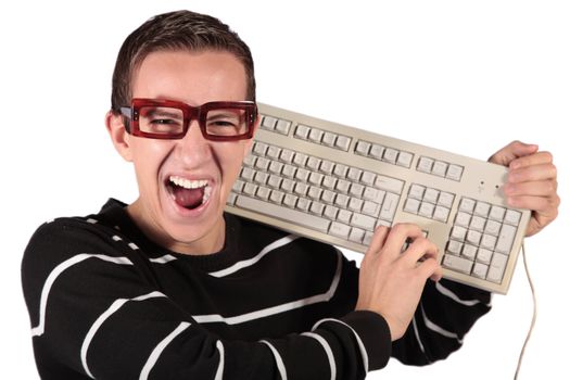 A typical nerd holding a keyboard. All isolated on white background.
