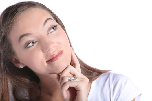 An attractive young  woman deliberates a decision. All isolated on white background.