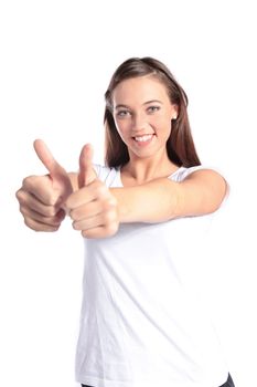 An attractive  young woman making a positive gesture. All isolated on white background.