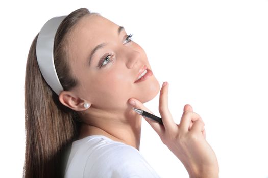 An attractive young  woman deliberates a decision. All isolated on white background.