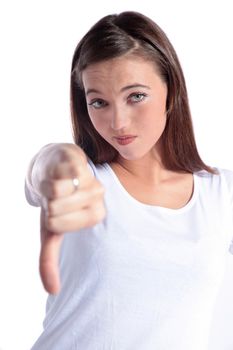 An attractive young woman is making a negative gesture. All isolated on white background.