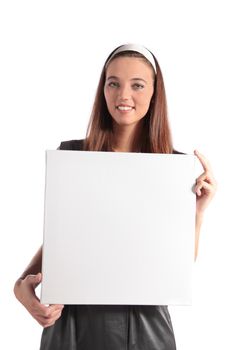 An attractive young woman holding a white board. All isolated on white background.