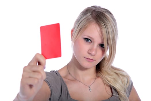 An attractive young woman showing someone a red card. All on white background.