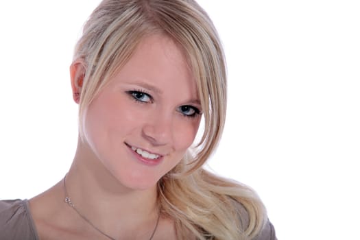 Portrait of a smiling young woman. All on white background.