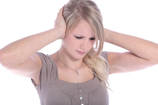 An attractive young woman making a stressed gesture. All isolated on white background.