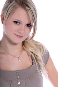 Portrait of a smiling young woman. All on white background.