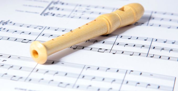 A single flute lies on a sheet of notes.