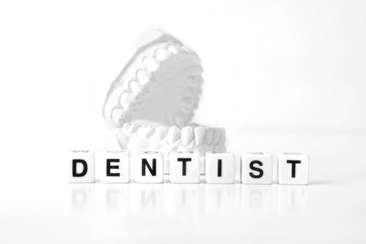 A plaster cast of teeth behind several dices that form the word dentist. All on white background.