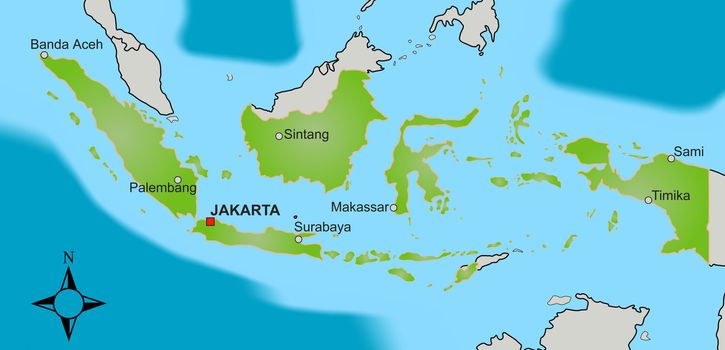 A stylized map of Indonesia showing different big cities as well as nearby countries.