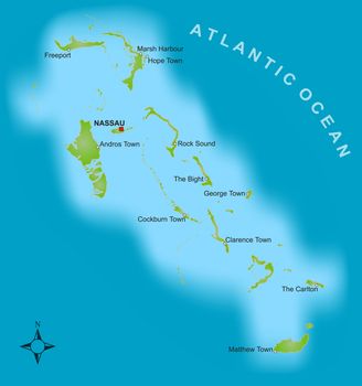 A stylized map showing the islands of Bahamas as well as several cities.