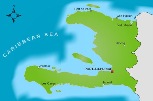 A stylized map of Haiti showing different big cities.