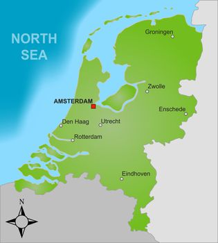 A stylized map of the Netherlands showing different big cities as well as nearby countries.