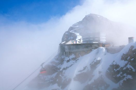 Red cable car railway and landscape of Pilatus Mountain at Lucern Switzerland
