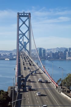 SAN FRANCISCO - NOVEMBER 2012: The Bay Bridge on November 3rd, 2012 in San Francisco, USA. The Bay Bridge was opened for traffic on November 12, 1936 and carries approximately 270,000 vehicles per day on its two decks. It has one of the longest spans in the world.